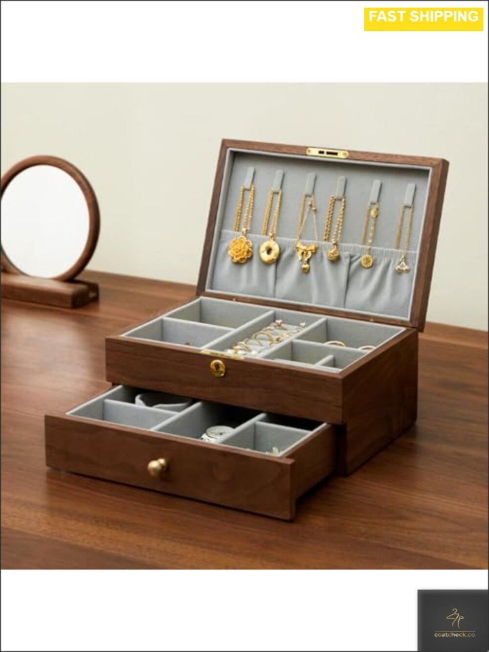 2-Layer Lockable Walnut Wood Jewelry Box Organizer